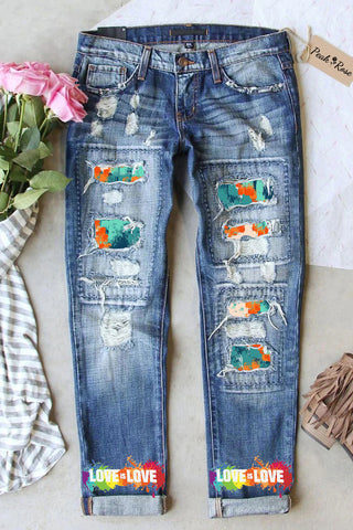 Love Is Love Rainbow Print Ripped Jeans