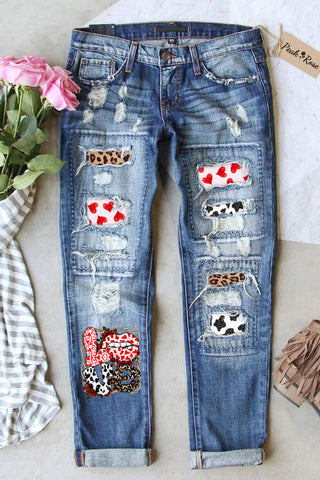 Love Leopard Lips Print Ripped Denim Jeans
