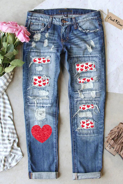 Love Heart Print Ripped Denim Jeans