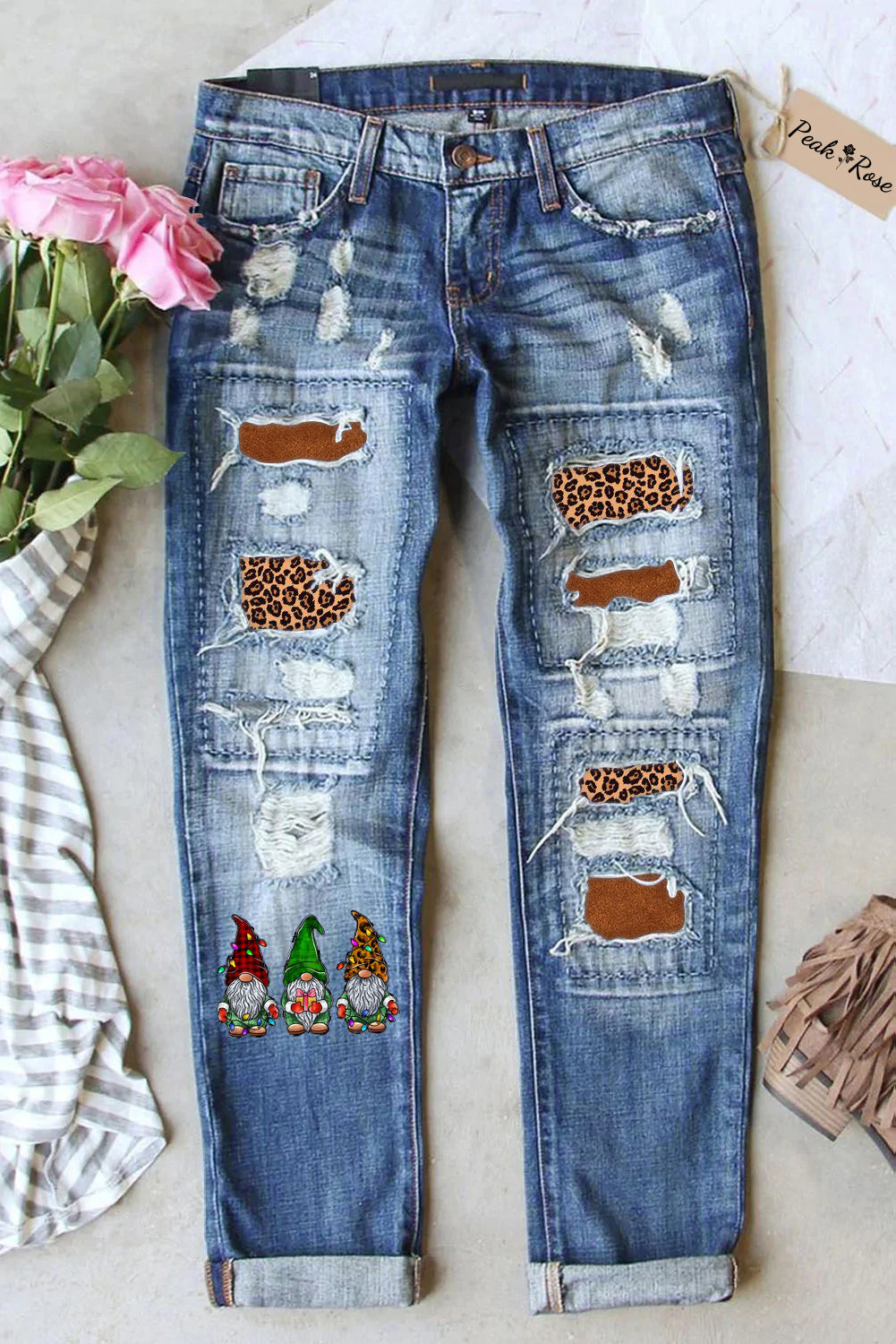 Ripped Denim Jeans Patchwork Gnome Leopard