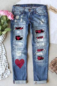 Glitter Red Heart Sparkles Print Denim Jeans