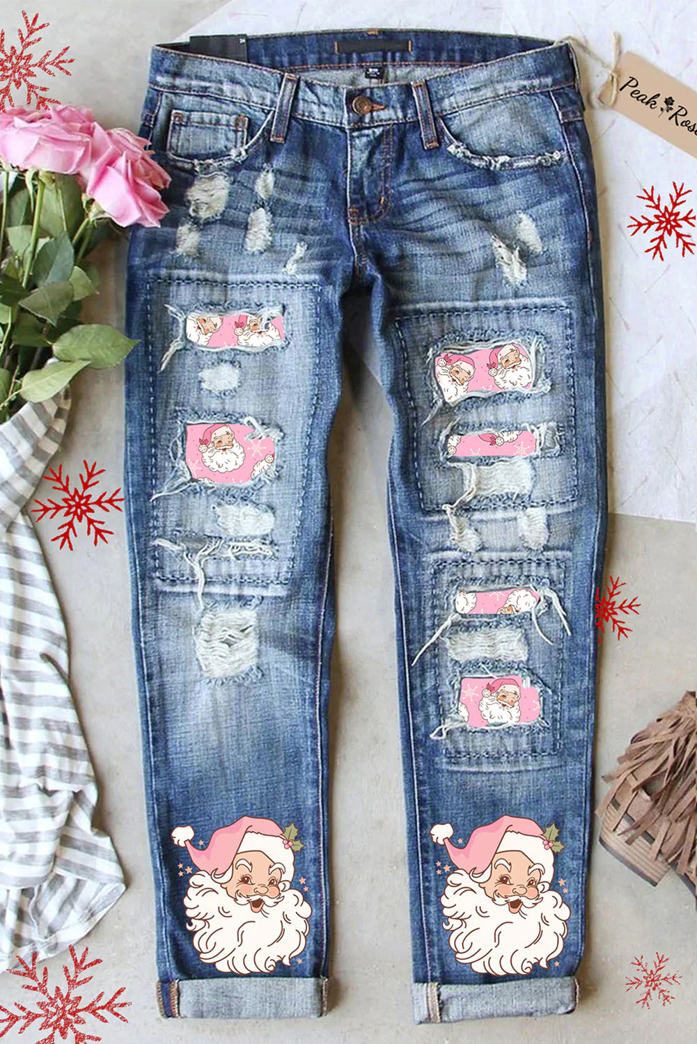 Rosa Denim-Jeans mit Weihnachtsmann-Print