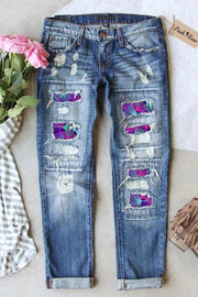 Leaf Pattern Ripped Denim Jeans