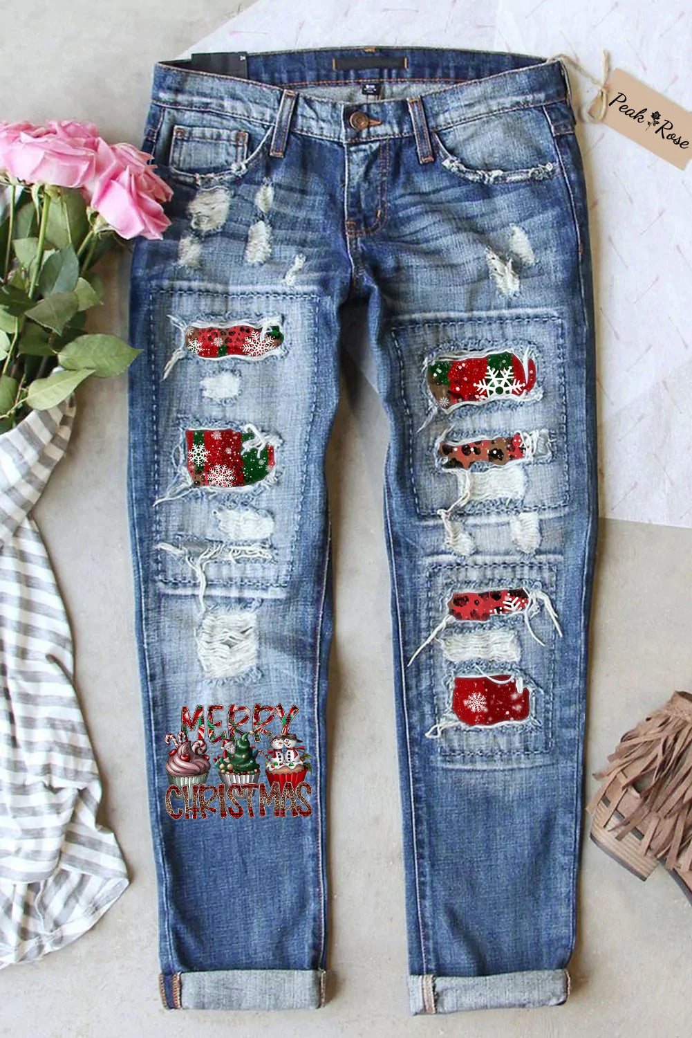 Merry Christmas Cupcakes Snowman Snowflake Leopard Print Denim Jeans