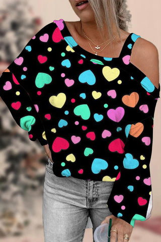Colorful Love Heart Print Off-shoulder Blouse