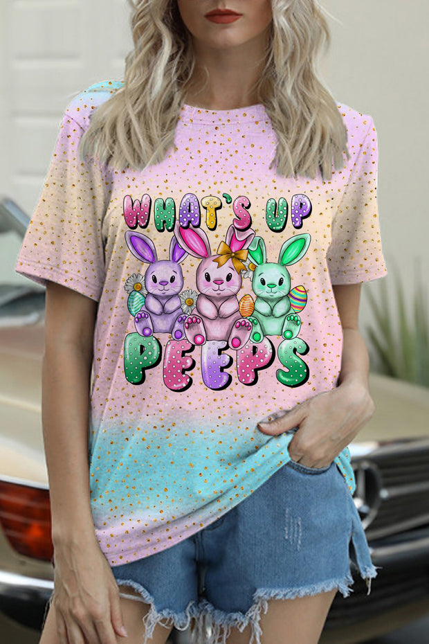 What's Up Peeps Bunnies Easter Day Pink Blue Glitter Ombre O Neck T-shirt