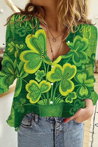 Casual Lucky Green Shamrocks Printed Long Sleeve Shirt