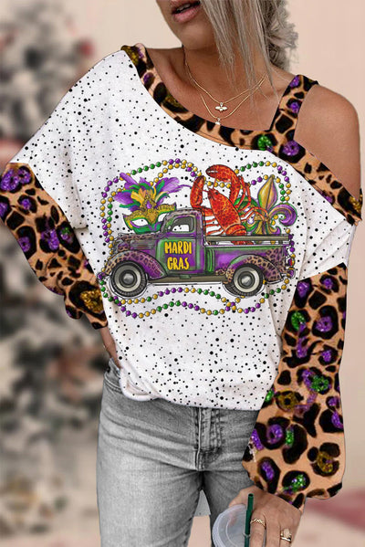 Mardi Gras Crawish Boil Beads Fleur De Lis Off-Shoulder Blouse