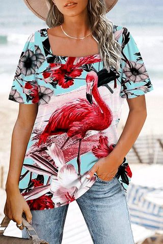 Spring/Summer Flamingos Square Neck T-Shirt