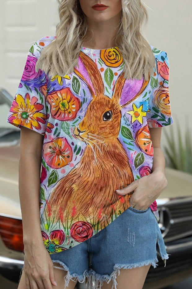 Happy Easter Day Rabbit Abstract Art Printed Round Neck T-shirt