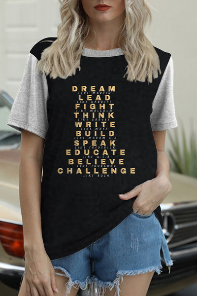 Dream Lead Fight Think Write Black Woman Round Neck Short Sleeve T-shirt