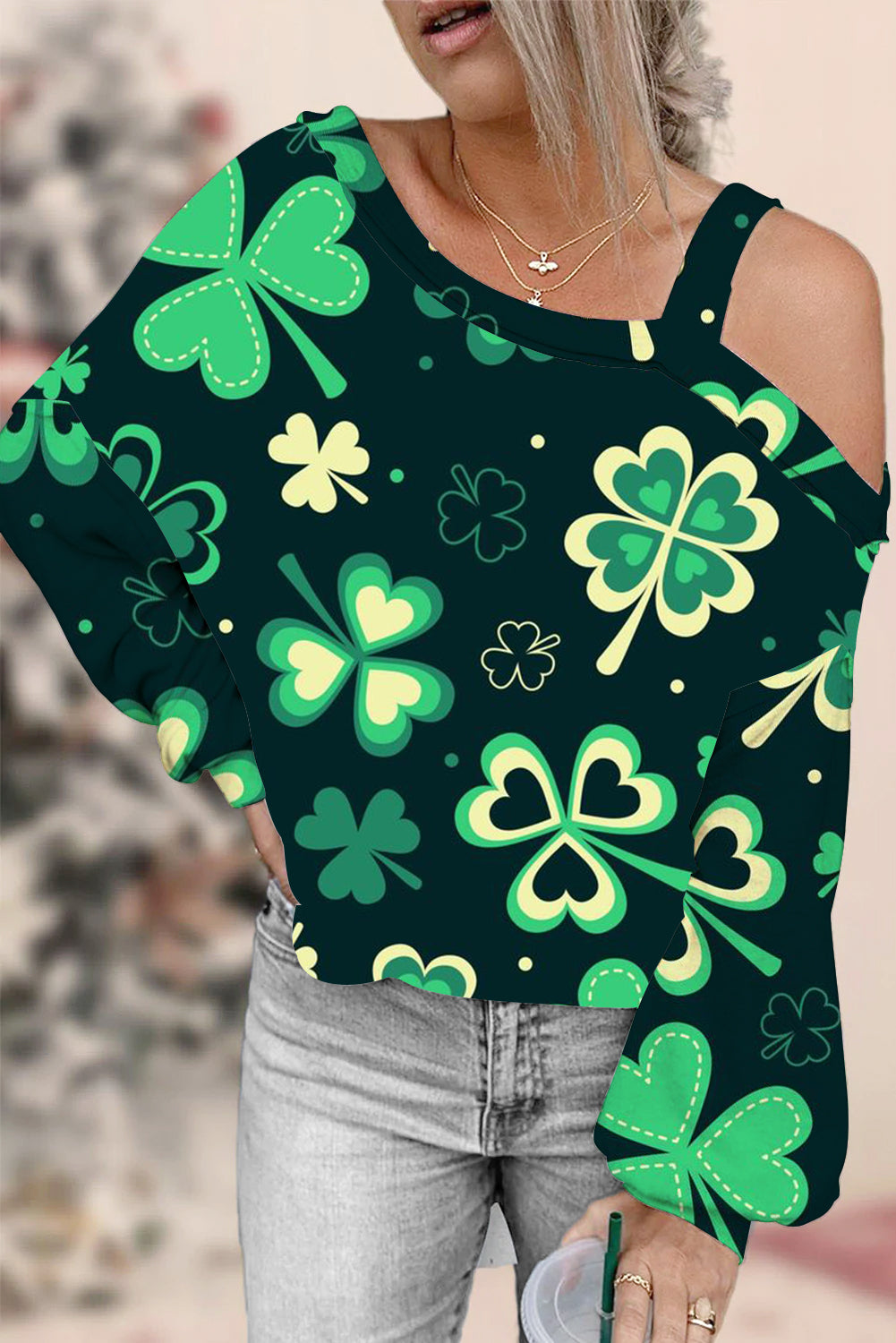 Casual Lucky Green Shamrocks Printed Off-shoulder Blouse