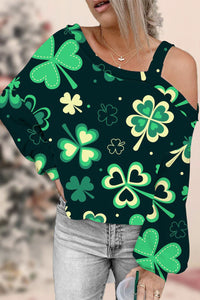 Casual Lucky Green Shamrocks Printed Off-shoulder Blouse