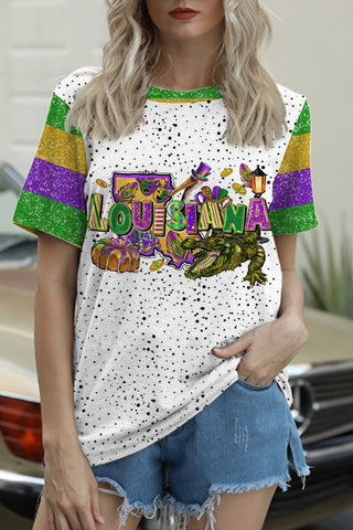 Happy Louisiana Mardi Gras Dinosaurs Round Neck Short Sleeve T-shirt