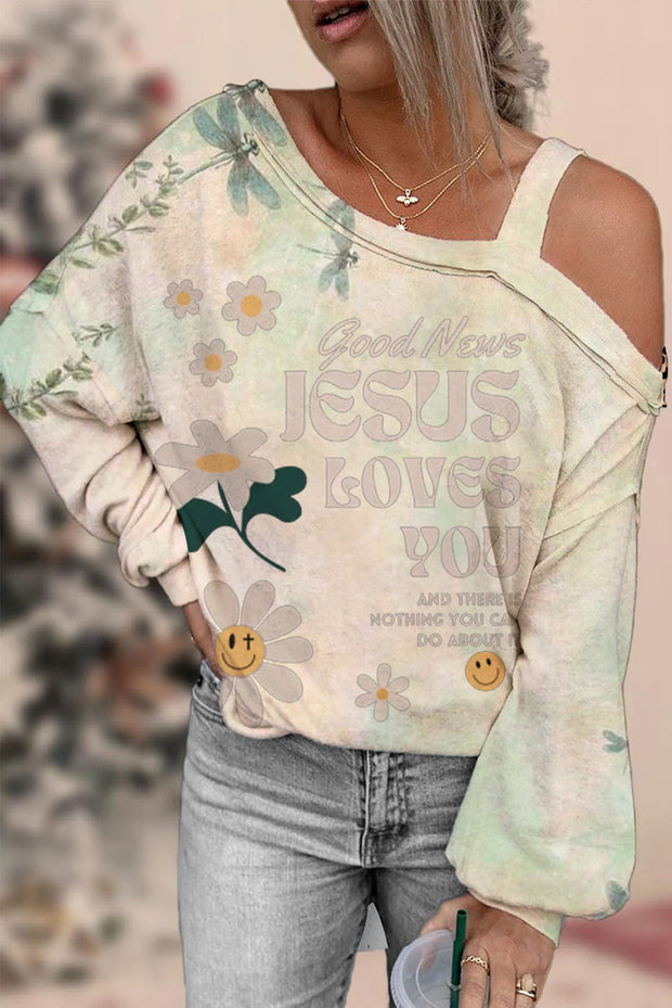 Good News Jesus Loves You Christian Print Off-Shoulder Blouse