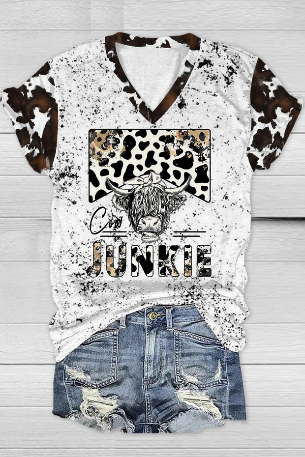 Cow Junkie Print V Neck T-shirt