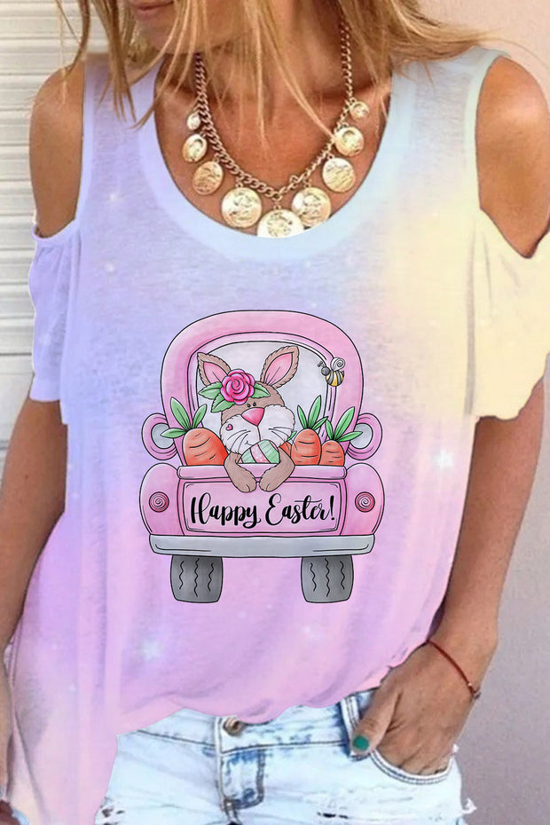 Happy Easter Bunny Carrot Trucks Cold Shoulder T-Shirt