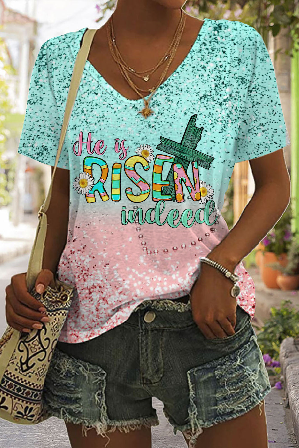 He Is Risen Indeed Easter Day V Neck T-shirt