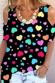 Colorful Love Heart Print Cold Shoulder T-shirt