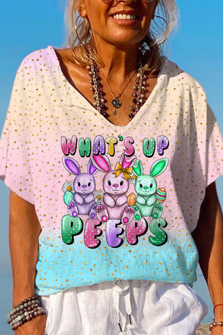 What's Up Peeps Bunnies Easter Day Pink Blue Glitter Ombre Dolman Sleeves Tee