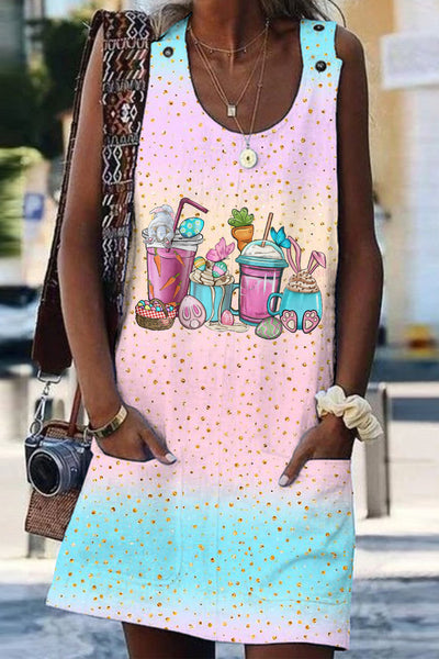 Pink Blue Glitter Easter Day Bunnies Cup Tank Dress With Pockets