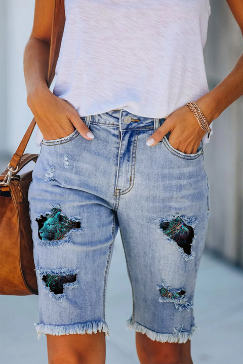 Lion Abstract Print Denim Shorts