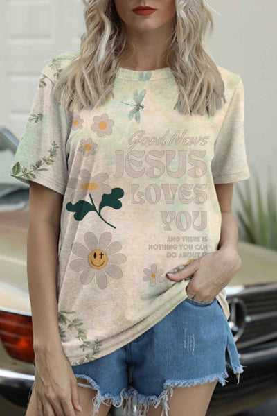Good News Jesus Loves You Christian Print Round Neck T-shirt