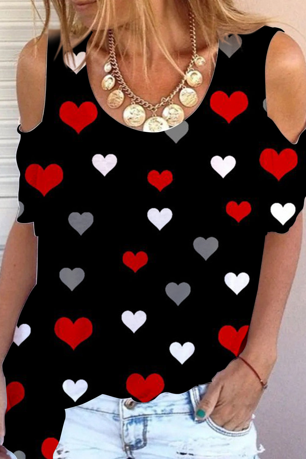 Love Heart Pattern Cold Shoulder T-shirt