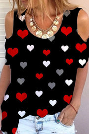 Love Heart Pattern Cold Shoulder T-shirt