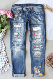 Happy Easter Day Bunny Floral Printed Ripped Denim Jeans