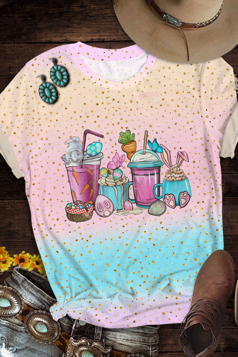 Happy Easter Day Bunnies Cup Round Neck Short Sleeve T-shirt