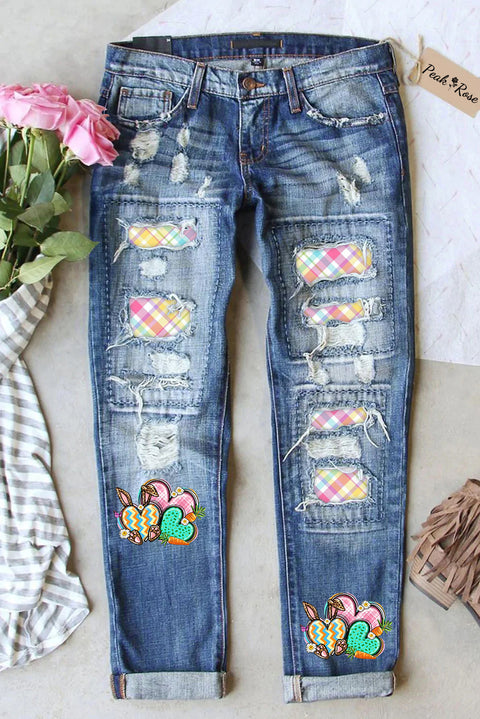 Happy Easter Heart Bunny Plaid Ripped Denim Jeans