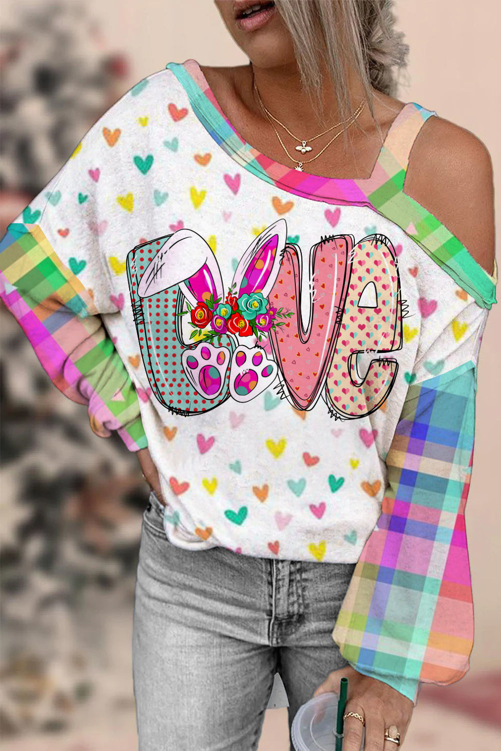 Happy Easter Day Love Bunnies Plaid Printed Off-Shoulder Blouse