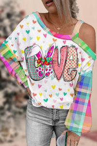 Happy Easter Day Love Bunnies Plaid Printed Off-Shoulder Blouse