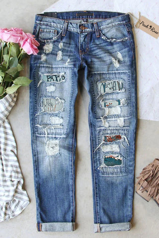 Easter Day Woodland Bunnies Paintings Ripped Denim Jeans