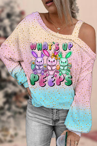 What's Up Peeps Bunnies Easter Day Pink Blue Glitter Ombre Off Shoulder Blouse
