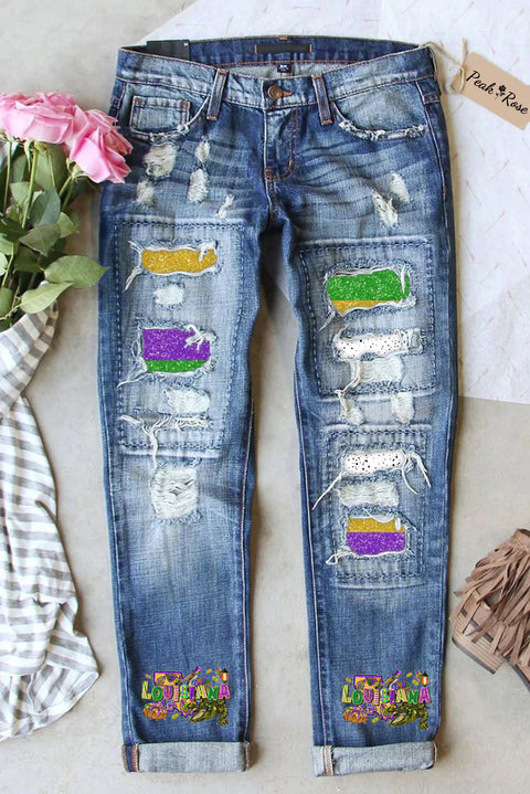 Happy Louisiana Mardi Gras Dinosaurs Ripped Denim Jeans