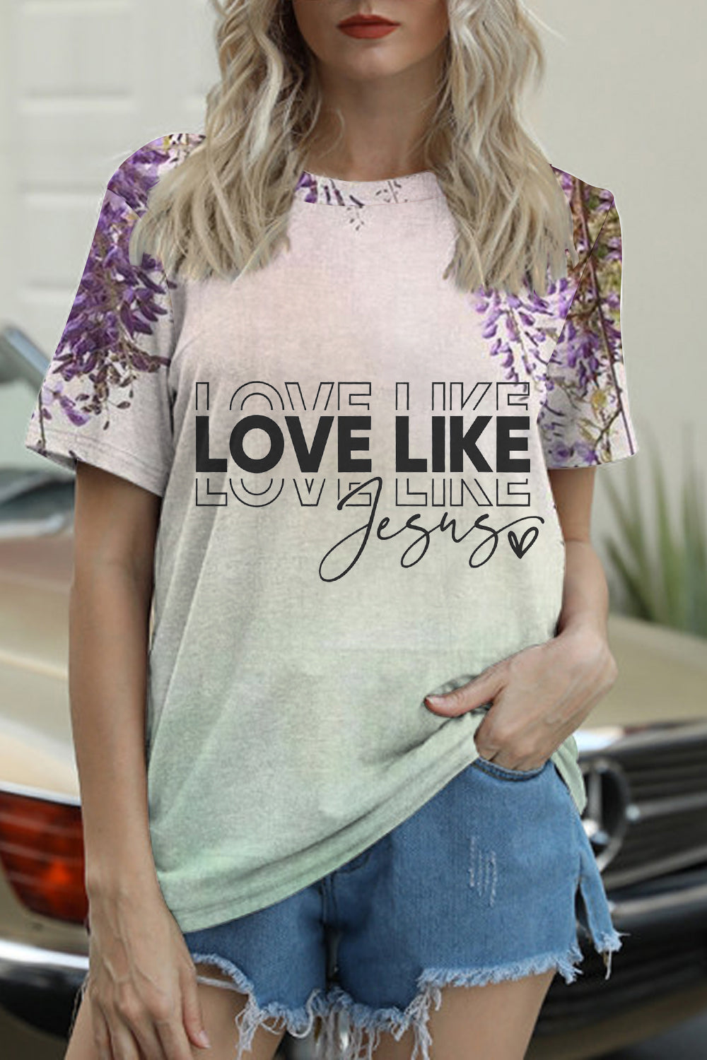 Love Like Jesus Floral Christian Print Round Neck T-shirt