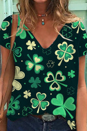 Casual Lucky Green Shamrocks Printed V-neck T-shirt