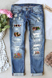 Mardi Gras Crawish Boil Beads Fleur De Lis Ripped Denim Jeans