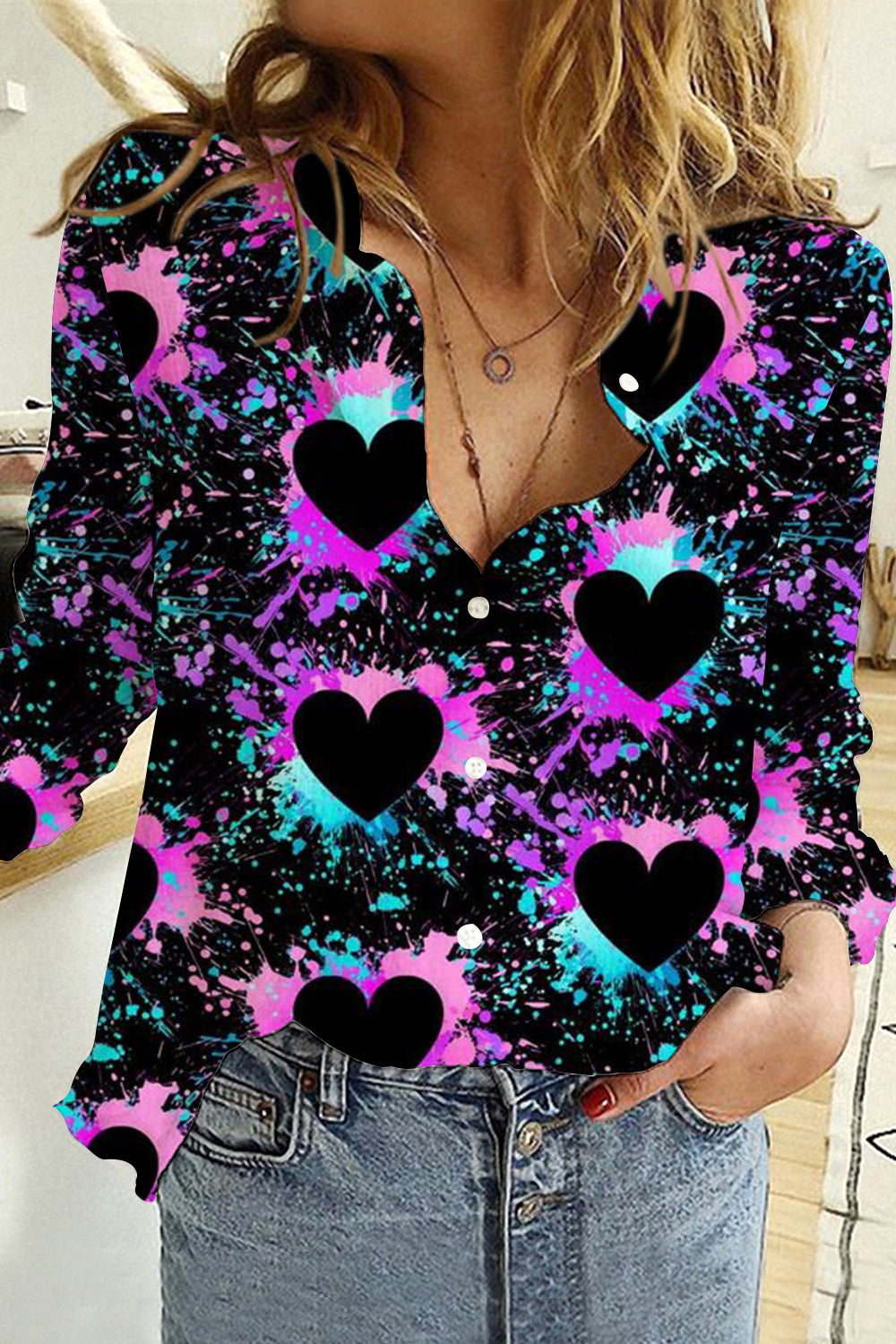 Splash-ink Love Heart Black Long Sleeve Shirt