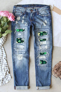 Casual Lucky Green Shamrocks Printed Ripped Denim Jeans