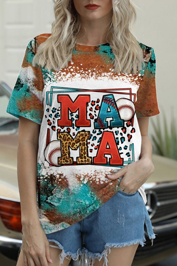 Casual Western Rhinestone Leopard Baseball Mama Round Neck Short Sleeve T-shirt