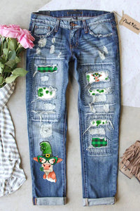 St. Patrick's Day Cow Ripped Denim Jeans