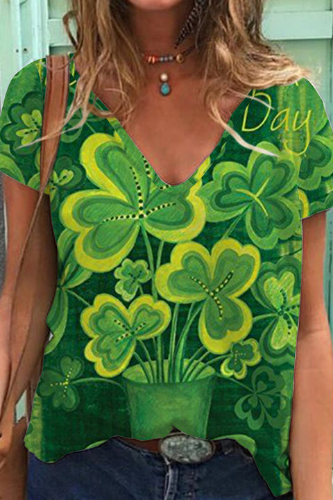 Casual Lucky Green Shamrocks Printed V-neck T-shirt