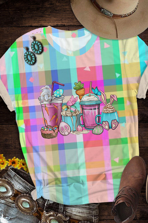 Happy Easter Day Bunnies Cup Round Neck Short Sleeve T-shirt