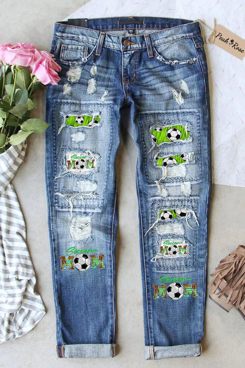 Soccer Mom Print Ripped Denim Jeans