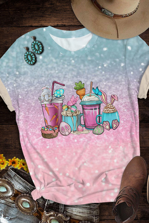 Happy Easter Day Bunnies Cup Round Neck Short Sleeve T-shirt