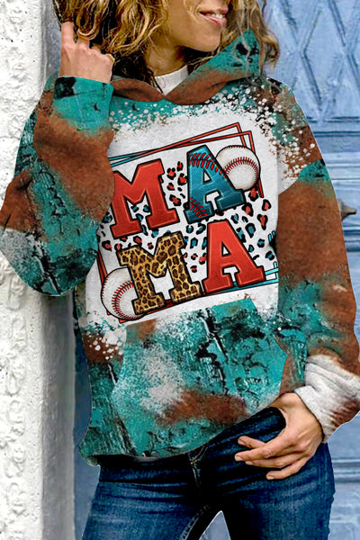 Casual Western Rhinestone Leopard Baseball Mama Long Sleeve Hoodie