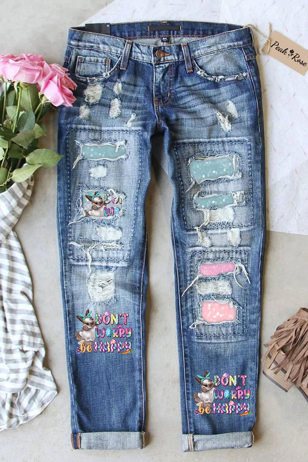 Don't Worry Be Happy Easter Ripped Denim Jeans
